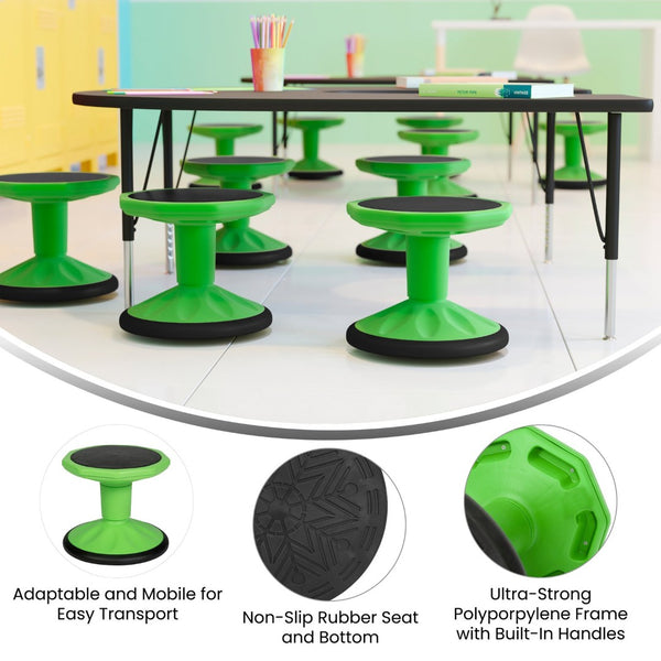 English Elm Lucas Fixed Height Kids Flexible Active Stool for Classroom Engagement with Safe Wobble Design Green BFT-9001F-12-GRN-GG