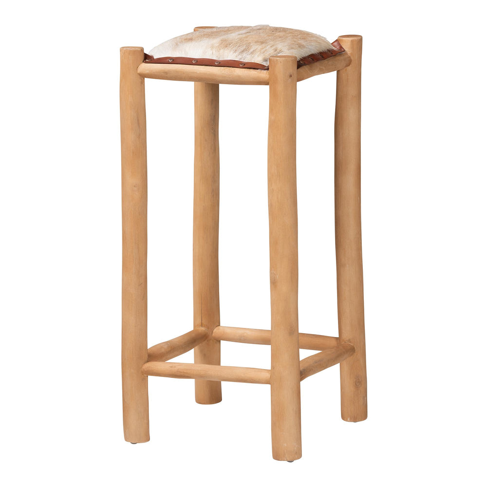 Baxton Studio Bali & Pari Rivera Goat Leather Barstool Solid Teak Frame Artisan Boho Kitchen BGL-01-Goat Leather-BS
