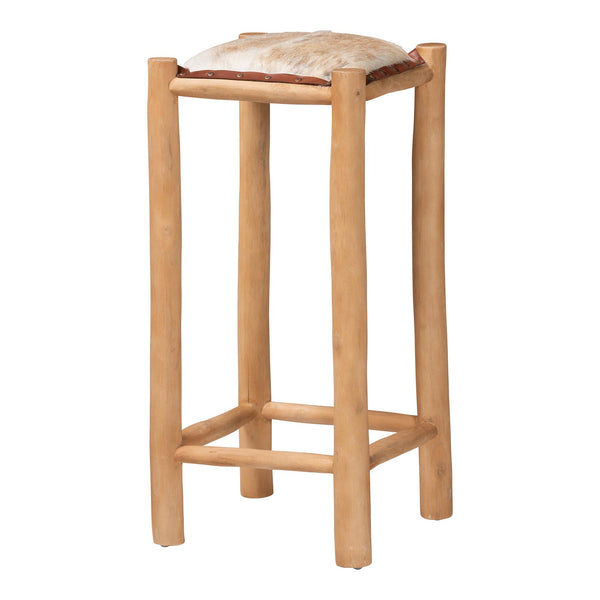 Baxton Studio Bali & Pari Rivera Goat Leather Barstool Solid Teak Frame Artisan Boho Kitchen BGL-01-Goat Leather-BS