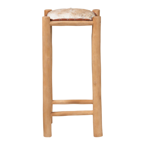 Bali & Pari Rivera Goat Leather Barstool Solid Teak Frame Artisan Boho Kitchen