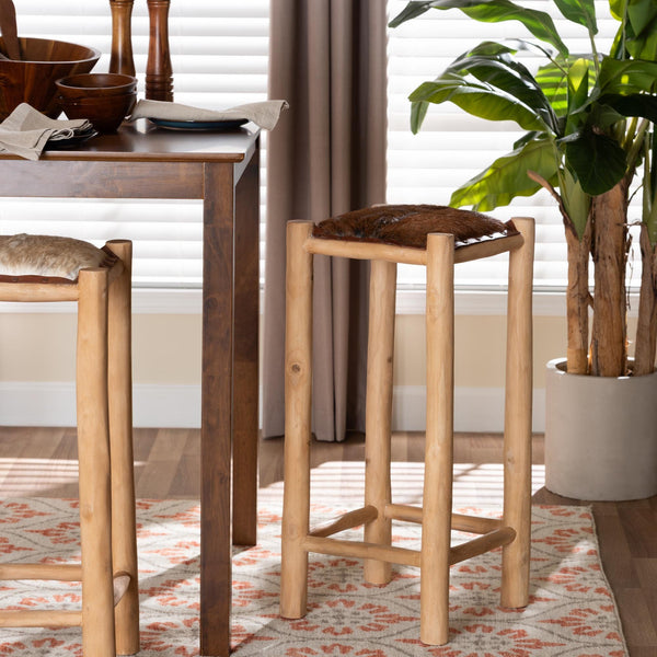 Bali & Pari Rivera Goat Leather Barstool Solid Teak Frame Artisan Boho Kitchen