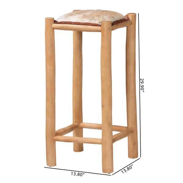 Bali & Pari Rivera Goat Leather Barstool Solid Teak Frame Artisan Boho Kitchen