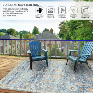 Amer Rugs Bohemian Classic Floral Indoor-outdoor Area Rug – Durable, Chic Design For Any Space, Fast-drying Navy Blue Polypropylene Bhm50203