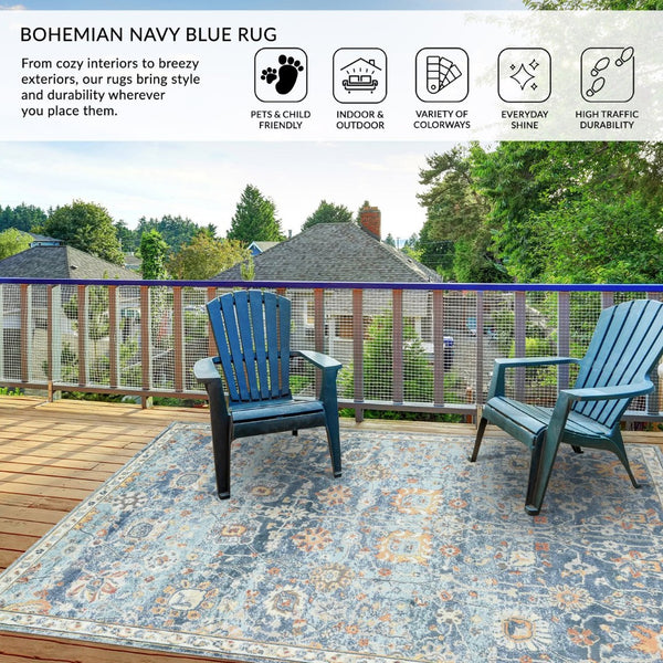 Amer Rugs Bohemian Classic Floral Indoor-outdoor Area Rug – Durable, Chic Design For Any Space, Fast-drying Navy Blue Polypropylene Bhm50203