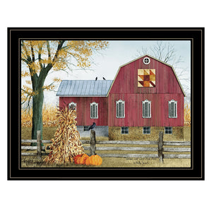 English Elm "autumn Leaf Quilt Block Barn" Folk Art Framed Print for Farmhouse Wall Decor B06785223