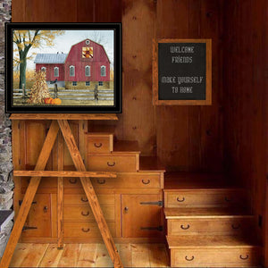English Elm "autumn Leaf Quilt Block Barn" Folk Art Framed Print for Farmhouse Wall Decor B06785223