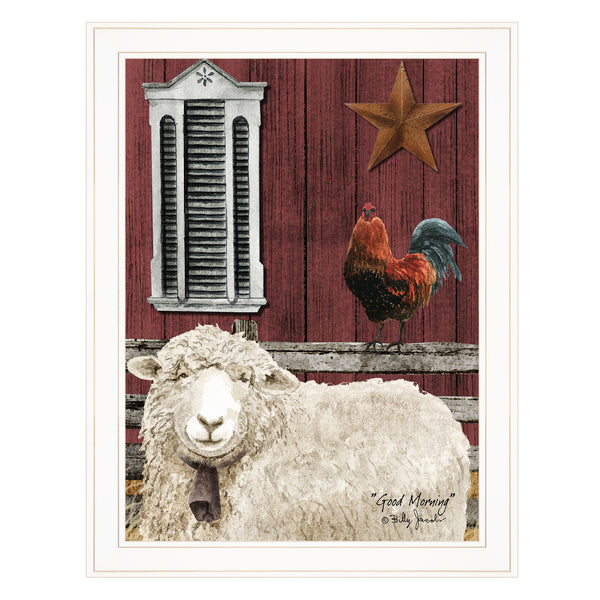 English Elm "good Morning" Billy Jacobs Rooster Pastoral Print White Framed Wall Art for Farmhouse B06785320