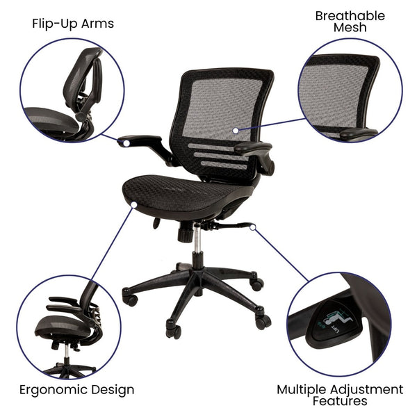English Elm Warfield Mid-Back Ergonomic Office Chair with Flip-Up Arms and Breathable Mesh for Ultimate Comfort Black Mesh/Black Frame BL-8801X-BK-GG