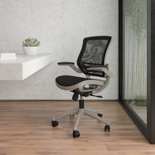 English Elm Warfield Mid-Back Ergonomic Office Chair with Flip-Up Arms and Breathable Mesh for Ultimate Comfort Black Mesh/Graphite Silver Frame BL-8801X-BK-GR-GG