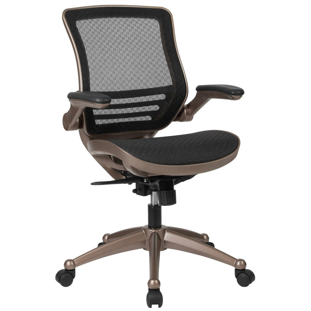 English Elm Warfield Mid-Back Ergonomic Office Chair with Flip-Up Arms and Breathable Mesh for Ultimate Comfort Black Mesh/Gold Frame BL-8801X-GG