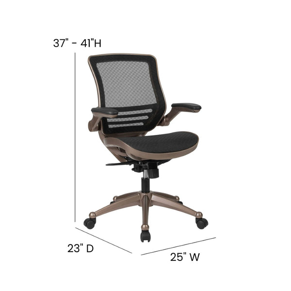 English Elm Warfield Mid-Back Ergonomic Office Chair with Flip-Up Arms and Breathable Mesh for Ultimate Comfort Black Mesh/Gold Frame BL-8801X-GG