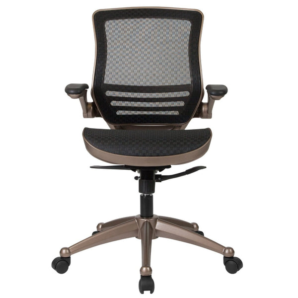 English Elm Warfield Mid-Back Ergonomic Office Chair with Flip-Up Arms and Breathable Mesh for Ultimate Comfort Black Mesh/Gold Frame BL-8801X-GG