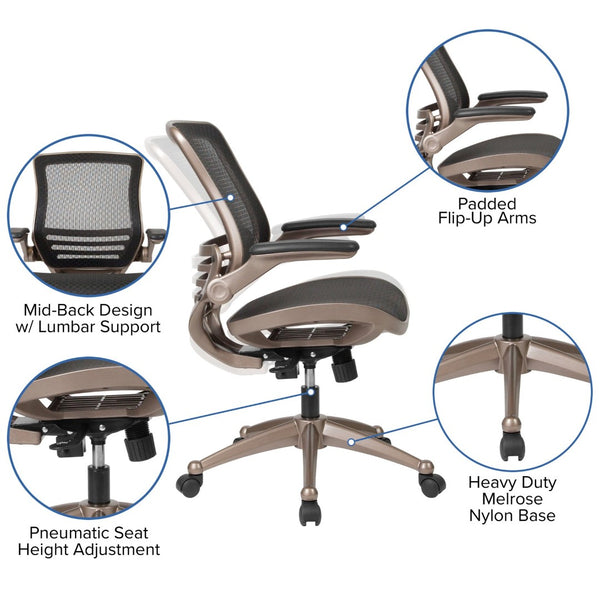 English Elm Warfield Mid-Back Ergonomic Office Chair with Flip-Up Arms and Breathable Mesh for Ultimate Comfort Black Mesh/Gold Frame BL-8801X-GG