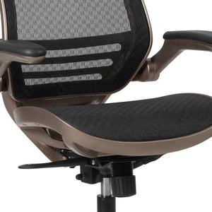 English Elm Warfield Mid-Back Ergonomic Office Chair with Flip-Up Arms and Breathable Mesh for Ultimate Comfort Black Mesh/Gold Frame BL-8801X-GG