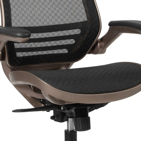 English Elm Warfield Mid-Back Ergonomic Office Chair with Flip-Up Arms and Breathable Mesh for Ultimate Comfort Black Mesh/Gold Frame BL-8801X-GG