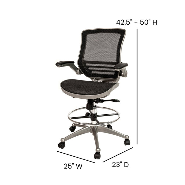 English Elm Waylon Ergonomic Mid-Back Drafting Chair with Lumbar Support, Flip-Up Arms for Elevated Work Comfort Black Mesh/Graphite Silver Frame BL-LB-8801X-D-BK-GR-GG