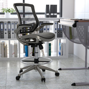 English Elm Waylon Ergonomic Mid-Back Drafting Chair with Lumbar Support, Flip-Up Arms for Elevated Work Comfort Black Mesh/Graphite Silver Frame BL-LB-8801X-D-BK-GR-GG