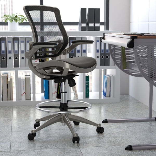 English Elm Waylon Ergonomic Mid-Back Drafting Chair with Lumbar Support, Flip-Up Arms for Elevated Work Comfort Black Mesh/Graphite Silver Frame BL-LB-8801X-D-BK-GR-GG