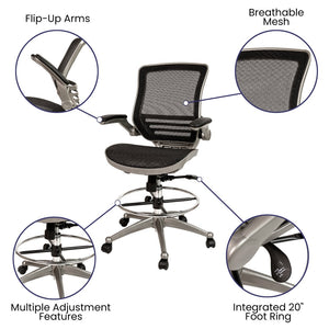 English Elm Waylon Ergonomic Mid-Back Drafting Chair with Lumbar Support, Flip-Up Arms for Elevated Work Comfort Black Mesh/Graphite Silver Frame BL-LB-8801X-D-BK-GR-GG