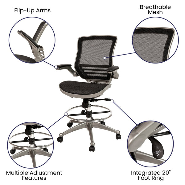 English Elm Waylon Ergonomic Mid-Back Drafting Chair with Lumbar Support, Flip-Up Arms for Elevated Work Comfort Black Mesh/Graphite Silver Frame BL-LB-8801X-D-BK-GR-GG