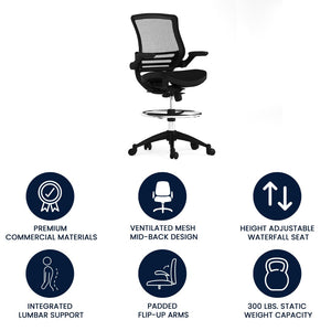 English Elm Waylon Ergonomic Mid-Back Drafting Chair with Lumbar Support, Flip-Up Arms for Elevated Work Comfort Black Mesh/Black Frame BL-LB-8801X-D-BLK-GG