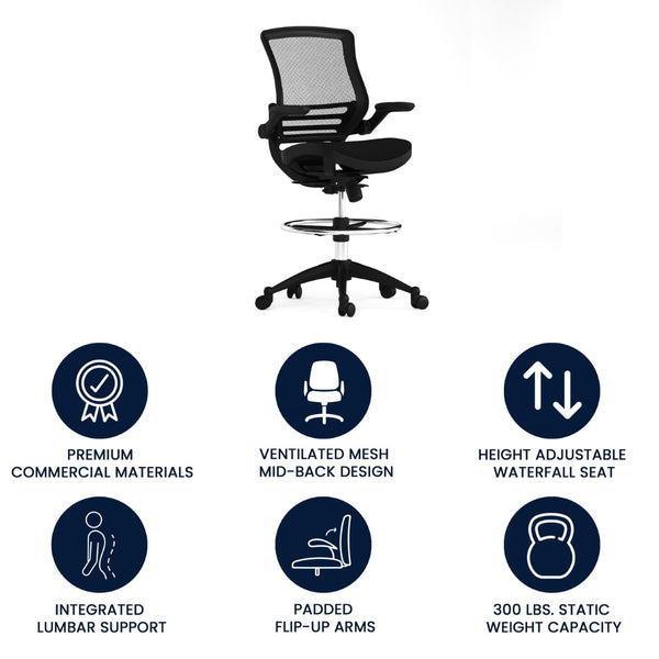 English Elm Waylon Ergonomic Mid-Back Drafting Chair with Lumbar Support, Flip-Up Arms for Elevated Work Comfort Black Mesh/Black Frame BL-LB-8801X-D-BLK-GG