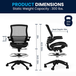 English Elm Waylon Ergonomic Mid-Back Drafting Chair with Lumbar Support, Flip-Up Arms for Elevated Work Comfort Black Mesh/Black Frame BL-LB-8801X-D-BLK-GG