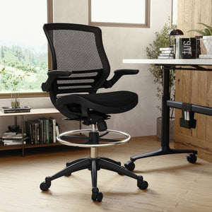 English Elm Waylon Ergonomic Mid-Back Drafting Chair with Lumbar Support, Flip-Up Arms for Elevated Work Comfort Black Mesh/Black Frame BL-LB-8801X-D-BLK-GG