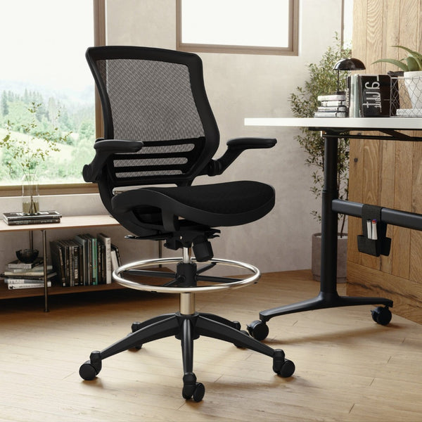 English Elm Waylon Ergonomic Mid-Back Drafting Chair with Lumbar Support, Flip-Up Arms for Elevated Work Comfort Black Mesh/Black Frame BL-LB-8801X-D-BLK-GG