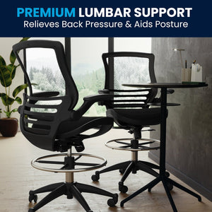 English Elm Waylon Ergonomic Mid-Back Drafting Chair with Lumbar Support, Flip-Up Arms for Elevated Work Comfort Black Mesh/Black Frame BL-LB-8801X-D-BLK-GG