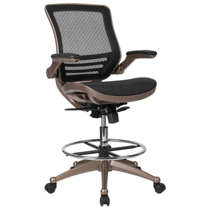 English Elm Waylon Ergonomic Mid-Back Drafting Chair with Lumbar Support, Flip-Up Arms for Elevated Work Comfort Black Mesh/Gold Frame BL-LB-8801X-D-GG