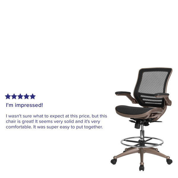 English Elm Waylon Ergonomic Mid-Back Drafting Chair with Lumbar Support, Flip-Up Arms for Elevated Work Comfort Black Mesh/Gold Frame BL-LB-8801X-D-GG