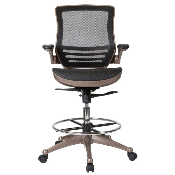 English Elm Waylon Ergonomic Mid-Back Drafting Chair with Lumbar Support, Flip-Up Arms for Elevated Work Comfort Black Mesh/Gold Frame BL-LB-8801X-D-GG