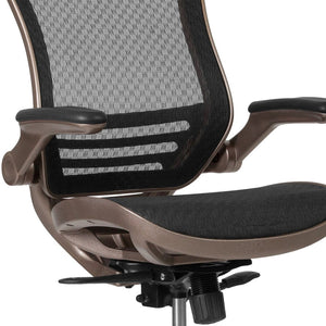 English Elm Waylon Ergonomic Mid-Back Drafting Chair with Lumbar Support, Flip-Up Arms for Elevated Work Comfort Black Mesh/Gold Frame BL-LB-8801X-D-GG