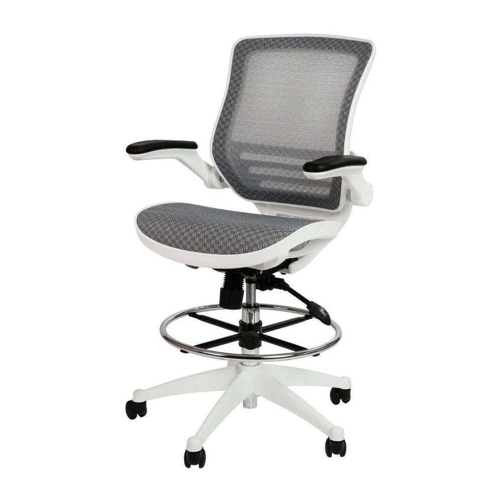 English Elm Waylon Ergonomic Mid-Back Drafting Chair with Lumbar Support, Flip-Up Arms for Elevated Work Comfort Gray Mesh/White Frame BL-LB-8801X-D-GR-WH-GG