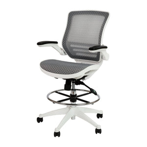 English Elm Waylon Ergonomic Mid-Back Drafting Chair with Lumbar Support, Flip-Up Arms for Elevated Work Comfort Gray Mesh/White Frame BL-LB-8801X-D-GR-WH-GG