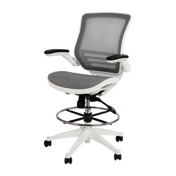 English Elm Waylon Ergonomic Mid-Back Drafting Chair with Lumbar Support, Flip-Up Arms for Elevated Work Comfort Gray Mesh/White Frame BL-LB-8801X-D-GR-WH-GG