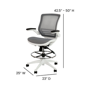 English Elm Waylon Ergonomic Mid-Back Drafting Chair with Lumbar Support, Flip-Up Arms for Elevated Work Comfort Gray Mesh/White Frame BL-LB-8801X-D-GR-WH-GG