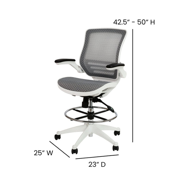 English Elm Waylon Ergonomic Mid-Back Drafting Chair with Lumbar Support, Flip-Up Arms for Elevated Work Comfort Gray Mesh/White Frame BL-LB-8801X-D-GR-WH-GG