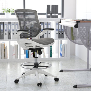 English Elm Waylon Ergonomic Mid-Back Drafting Chair with Lumbar Support, Flip-Up Arms for Elevated Work Comfort Gray Mesh/White Frame BL-LB-8801X-D-GR-WH-GG