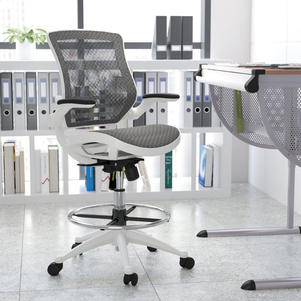 English Elm Waylon Ergonomic Mid-Back Drafting Chair with Lumbar Support, Flip-Up Arms for Elevated Work Comfort Gray Mesh/White Frame BL-LB-8801X-D-GR-WH-GG