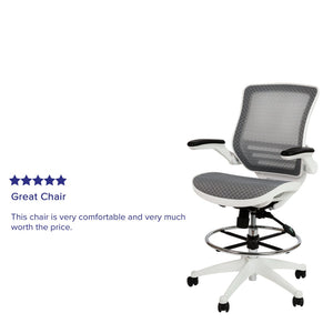 English Elm Waylon Ergonomic Mid-Back Drafting Chair with Lumbar Support, Flip-Up Arms for Elevated Work Comfort Gray Mesh/White Frame BL-LB-8801X-D-GR-WH-GG
