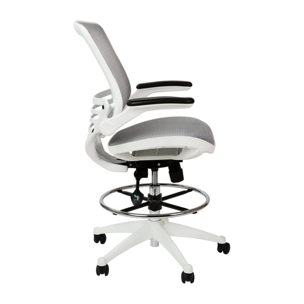 English Elm Waylon Ergonomic Mid-Back Drafting Chair with Lumbar Support, Flip-Up Arms for Elevated Work Comfort Gray Mesh/White Frame BL-LB-8801X-D-GR-WH-GG