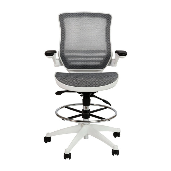 English Elm Waylon Ergonomic Mid-Back Drafting Chair with Lumbar Support, Flip-Up Arms for Elevated Work Comfort Gray Mesh/White Frame BL-LB-8801X-D-GR-WH-GG