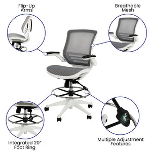 English Elm Waylon Ergonomic Mid-Back Drafting Chair with Lumbar Support, Flip-Up Arms for Elevated Work Comfort Gray Mesh/White Frame BL-LB-8801X-D-GR-WH-GG