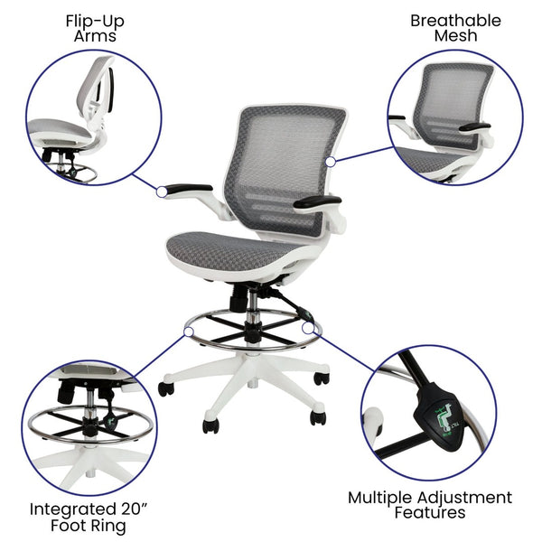 English Elm Waylon Ergonomic Mid-Back Drafting Chair with Lumbar Support, Flip-Up Arms for Elevated Work Comfort Gray Mesh/White Frame BL-LB-8801X-D-GR-WH-GG