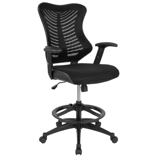 English Elm Waylon High Back Drafting Chair - Ergonomic Black Mesh with LeatherSoft Sides & Adjustable Arms BL-LB-8816D-GG