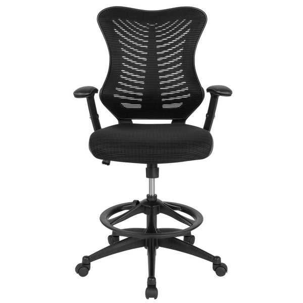 English Elm Waylon High Back Drafting Chair - Ergonomic Black Mesh with LeatherSoft Sides & Adjustable Arms BL-LB-8816D-GG