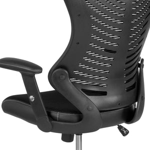 English Elm Waylon High Back Drafting Chair - Ergonomic Black Mesh with LeatherSoft Sides & Adjustable Arms BL-LB-8816D-GG