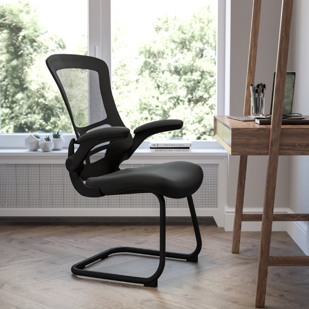 English Elm Kelista Modern Mesh-Back Reception Chair with Ergonomic Support and Stylish Flip-Up Arms for Comfort Black Mesh BL-X-5C-GG